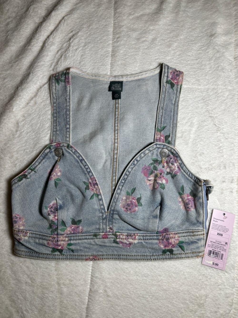 NWT Wild Fable Floral Denim Crop Top - Light Blue with Pink Roses